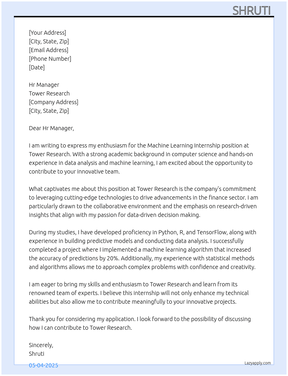 Ml internship  At Tower reasearch  Cover Letter