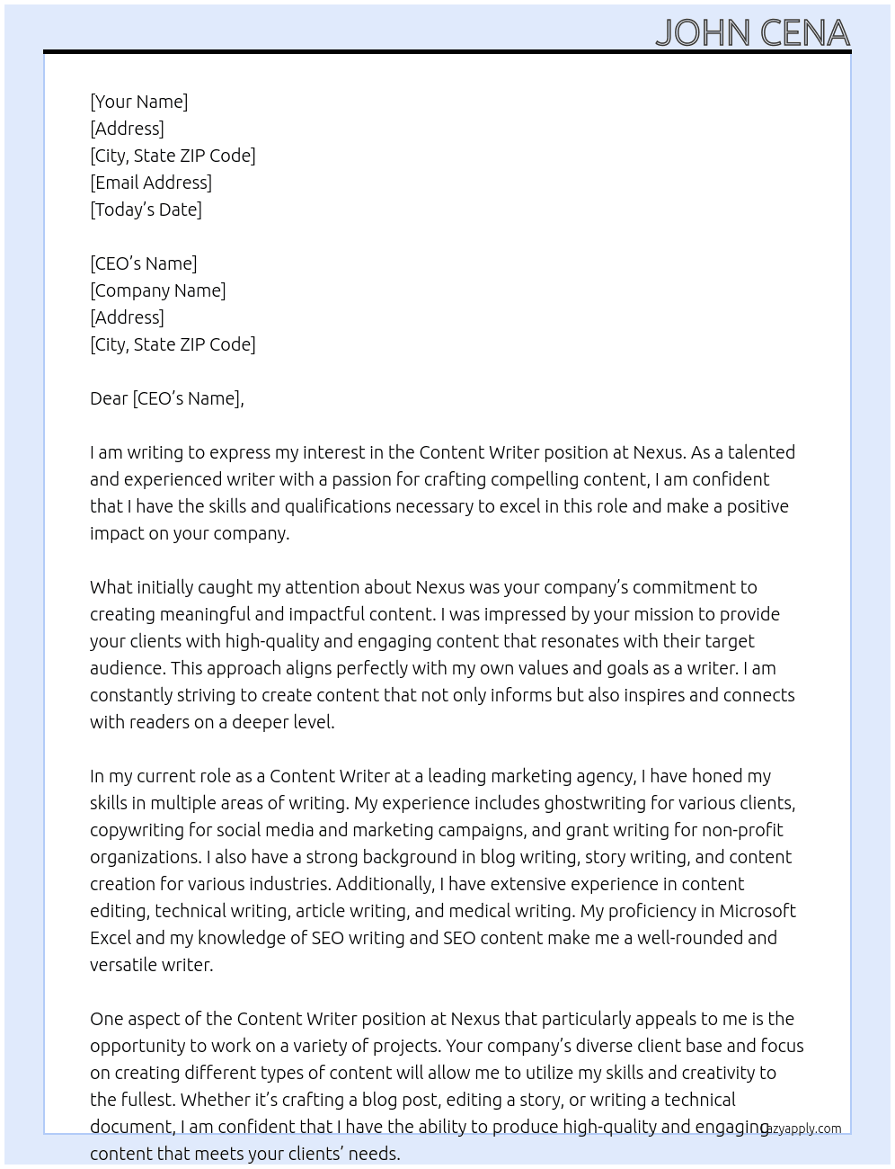 Content Writer  At Nexus Cover Letter