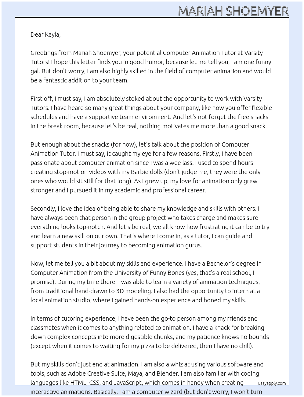 Computer Animation Tutor At Varsity Tutors Cover Letter