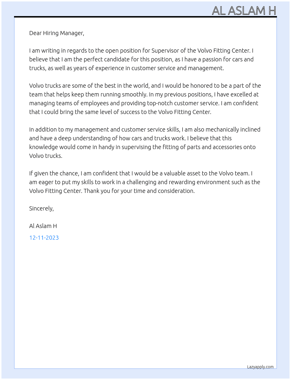 Supervisor Volvo Fitting Center At volvo trucks Cover Letter