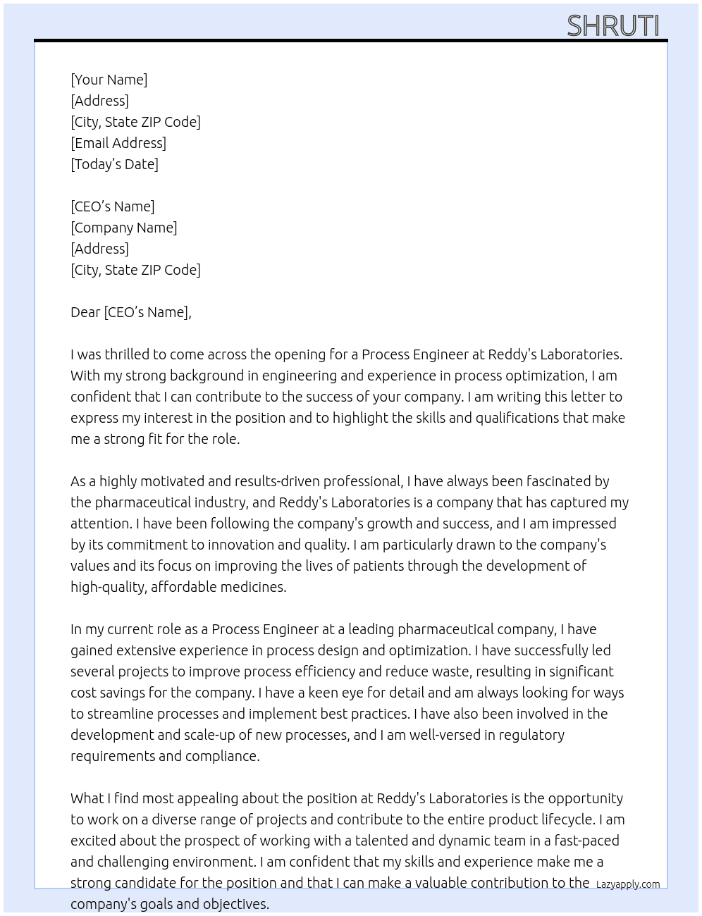 Process engineer  At Reddy's Laboratories  Cover Letter