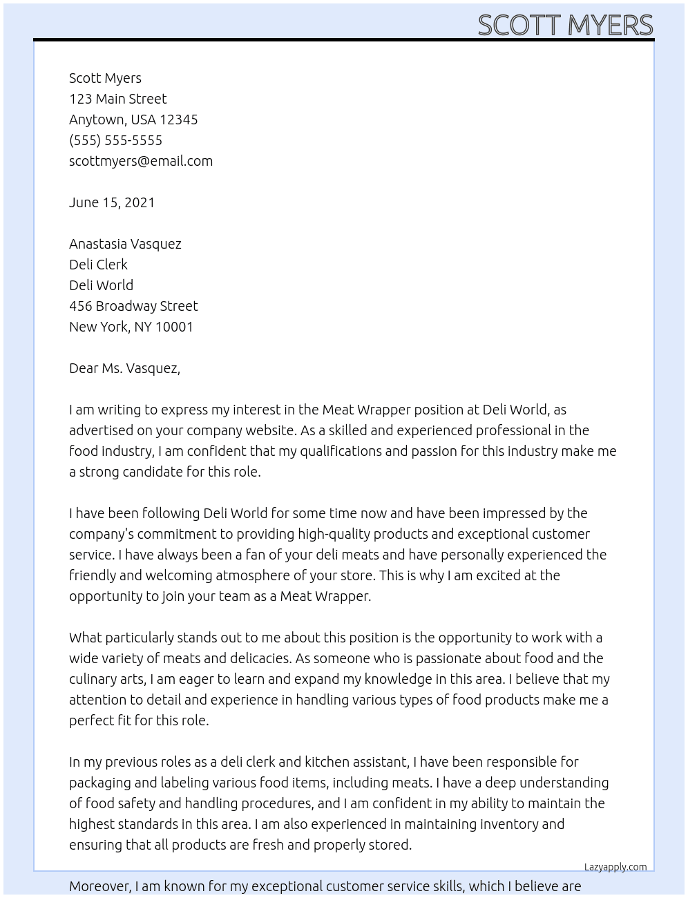 Meat wrapper At Deli Clerk Cover Letter