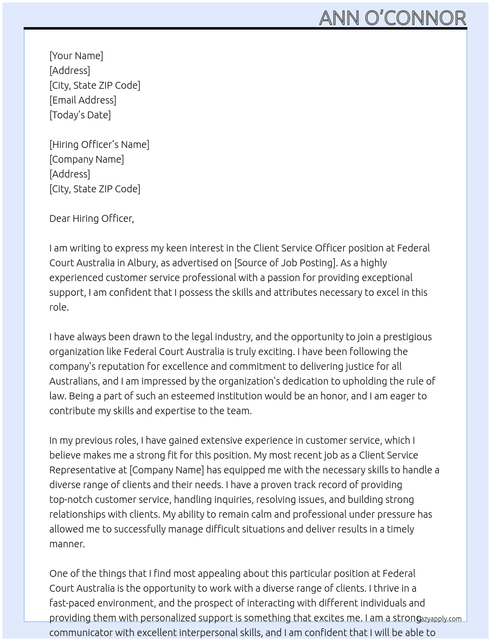 Client service officer At Federal court Australia Cover Letter