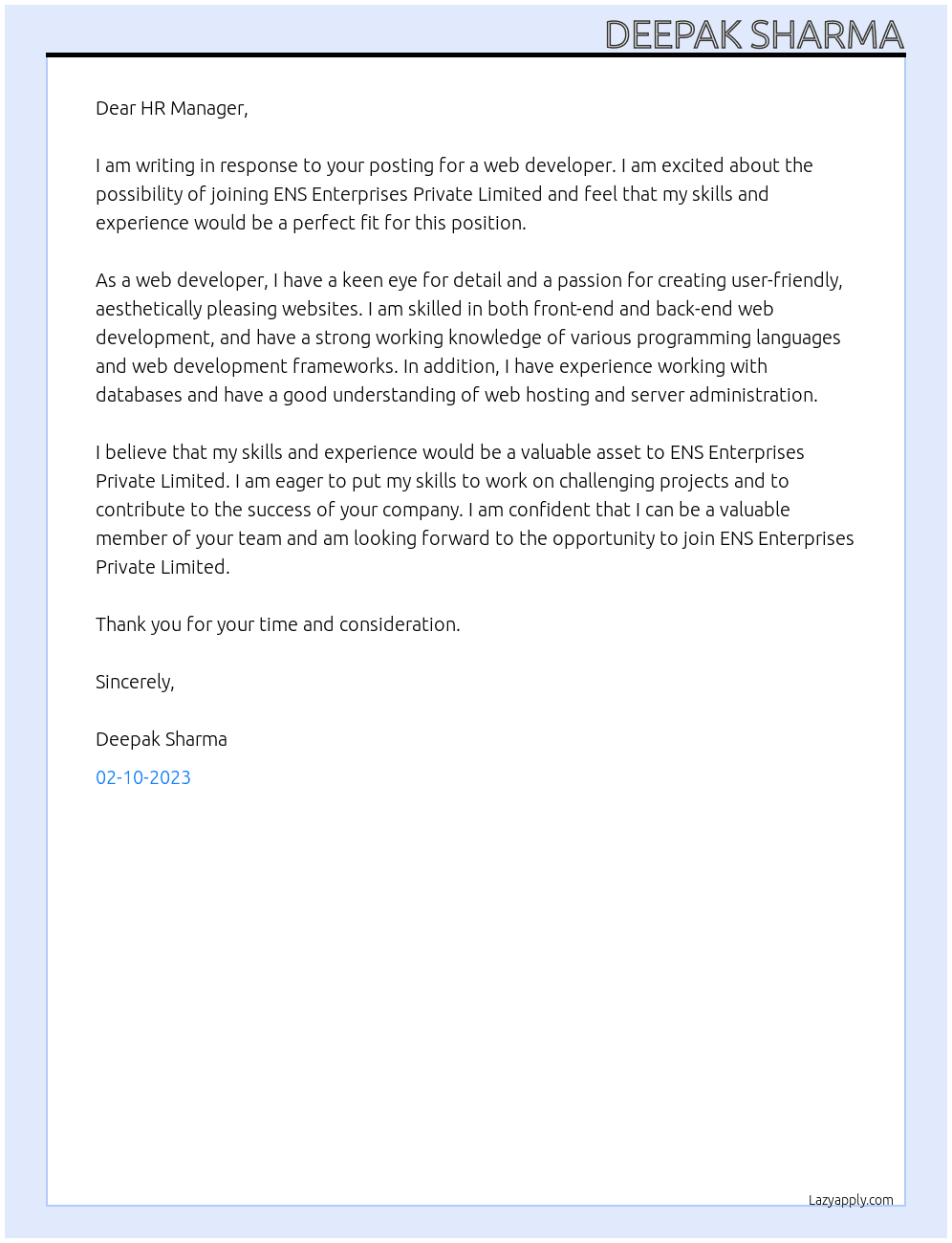 Web Developer At ENS Enterprises Private Limited Cover Letter