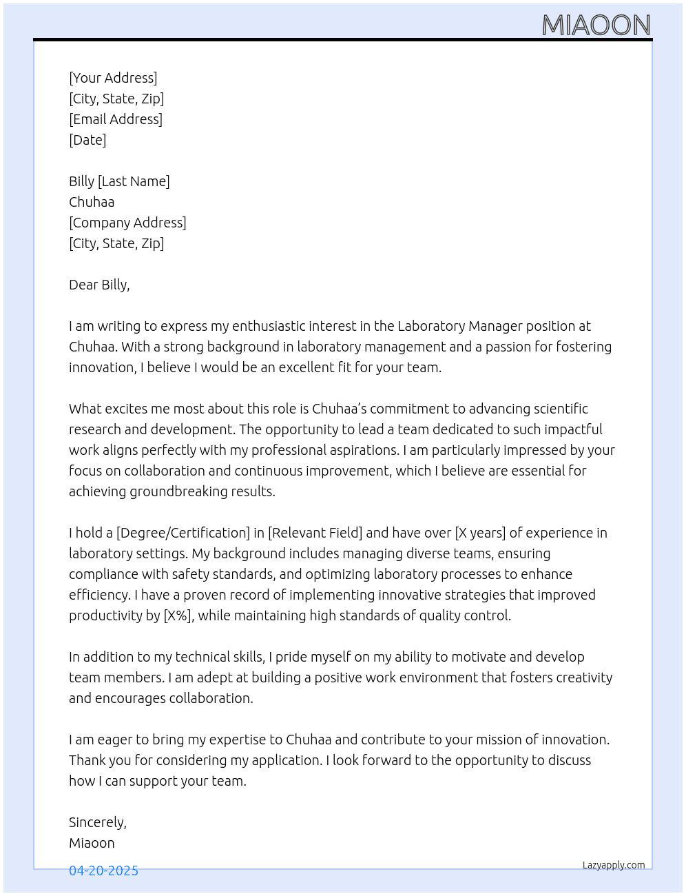 Laboratory Manager At Chuhaa Cover Letter