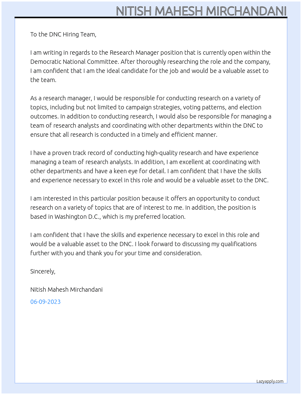 Research Manager At Democratic National Committee Cover Letter