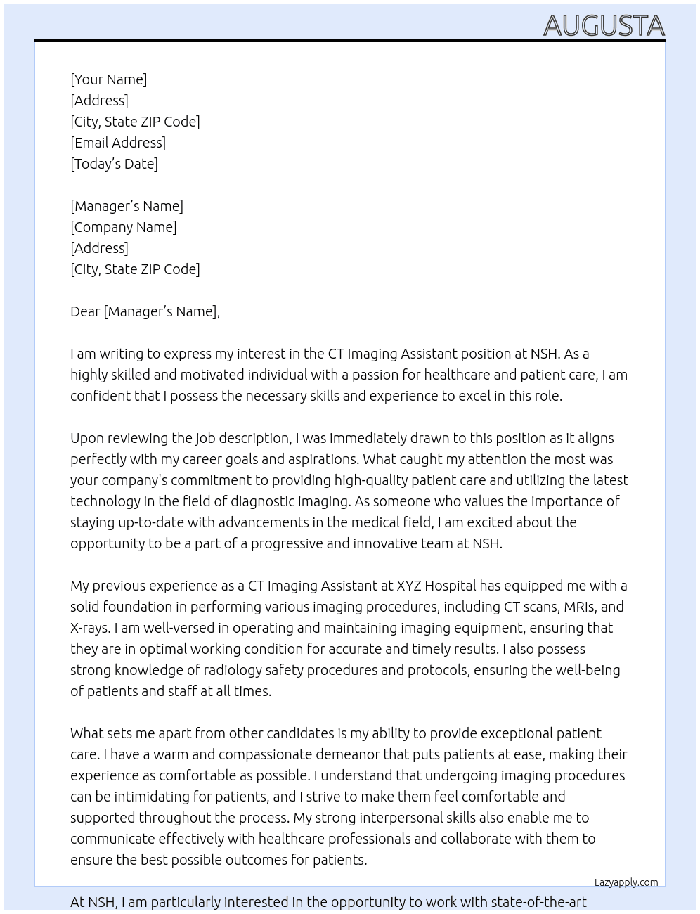 CT imaging assistant  At Nsh Cover Letter