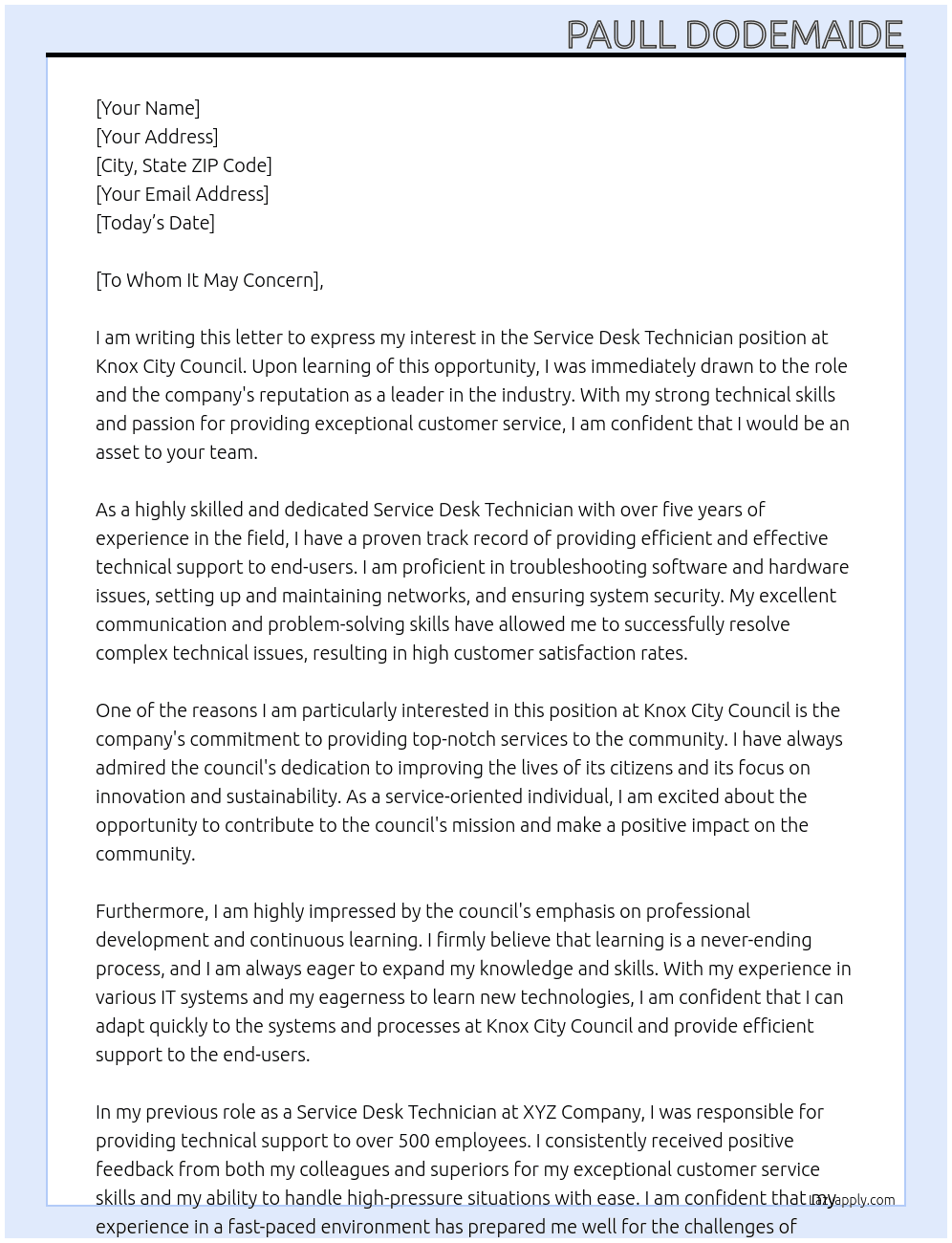 Service Desk Technician At Knox City Council Cover Letter
