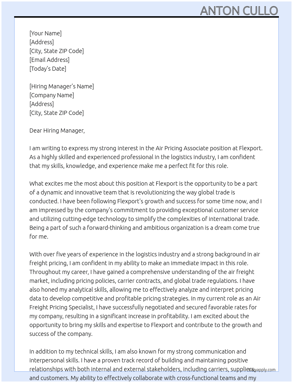 Air Pricing Associate At Flexport Cover Letter