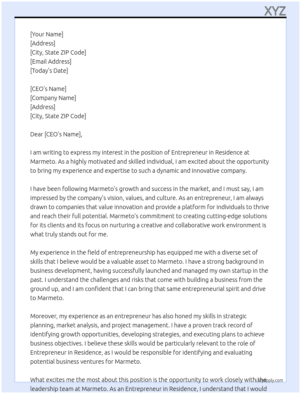 entrepreneur in residence At marmeto Cover Letter