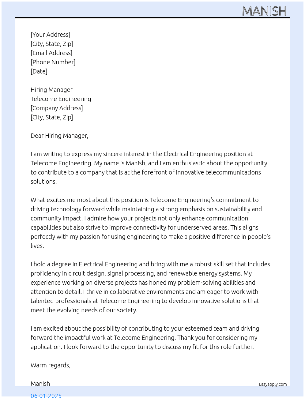 Electrical engineering  At Telecome Engineering  Cover Letter