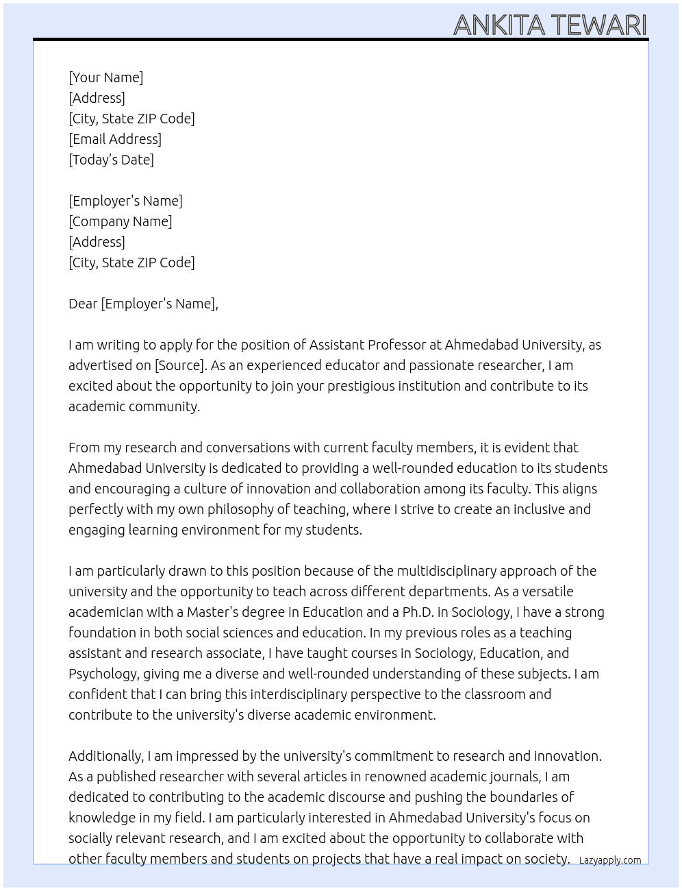 assistant professor At Ahmedabad University Cover Letter