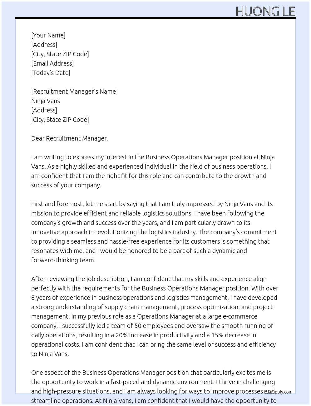 Business Operations Manager At Ninja Vans Cover Letter