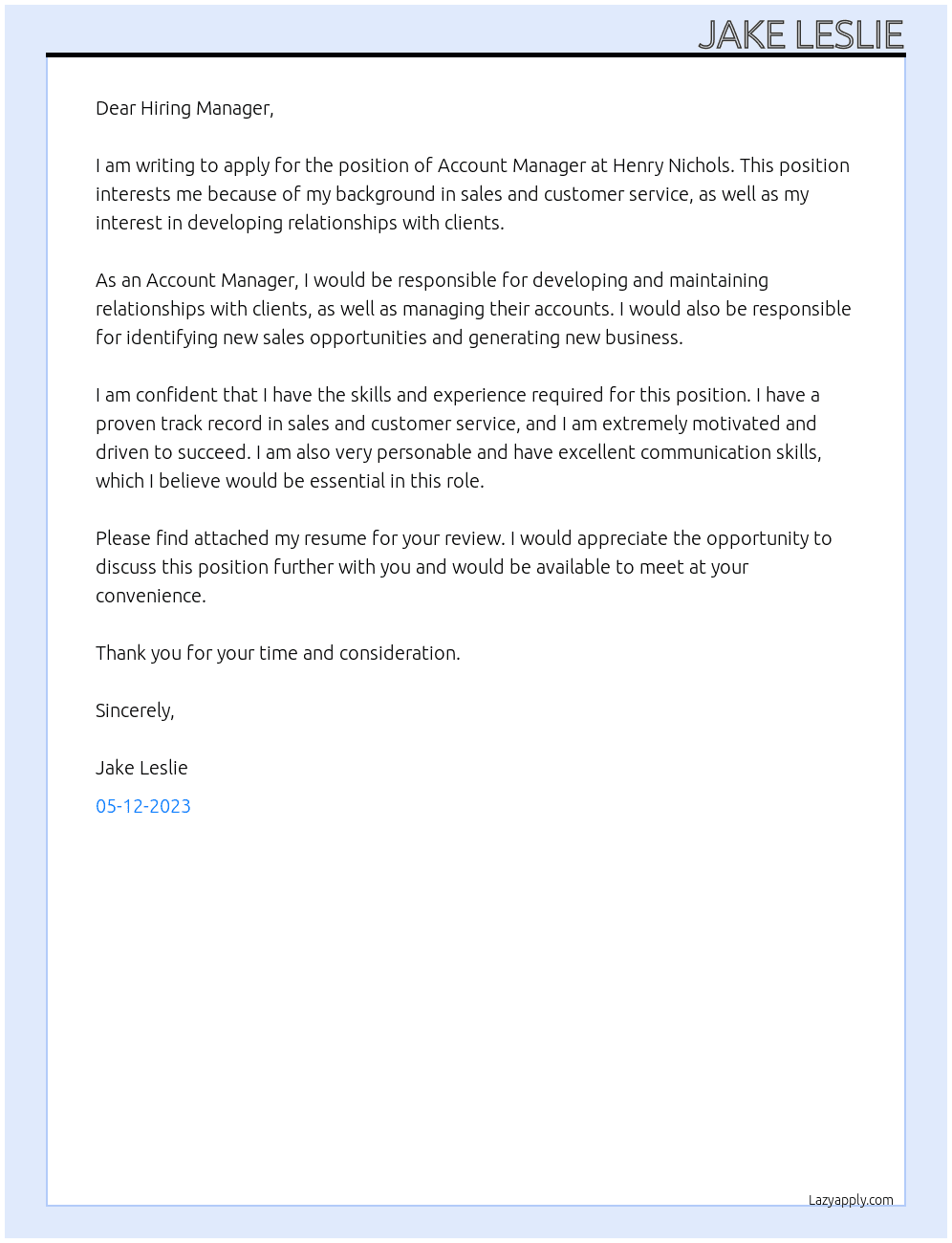 Account Manager  At Henry Nichols  Cover Letter