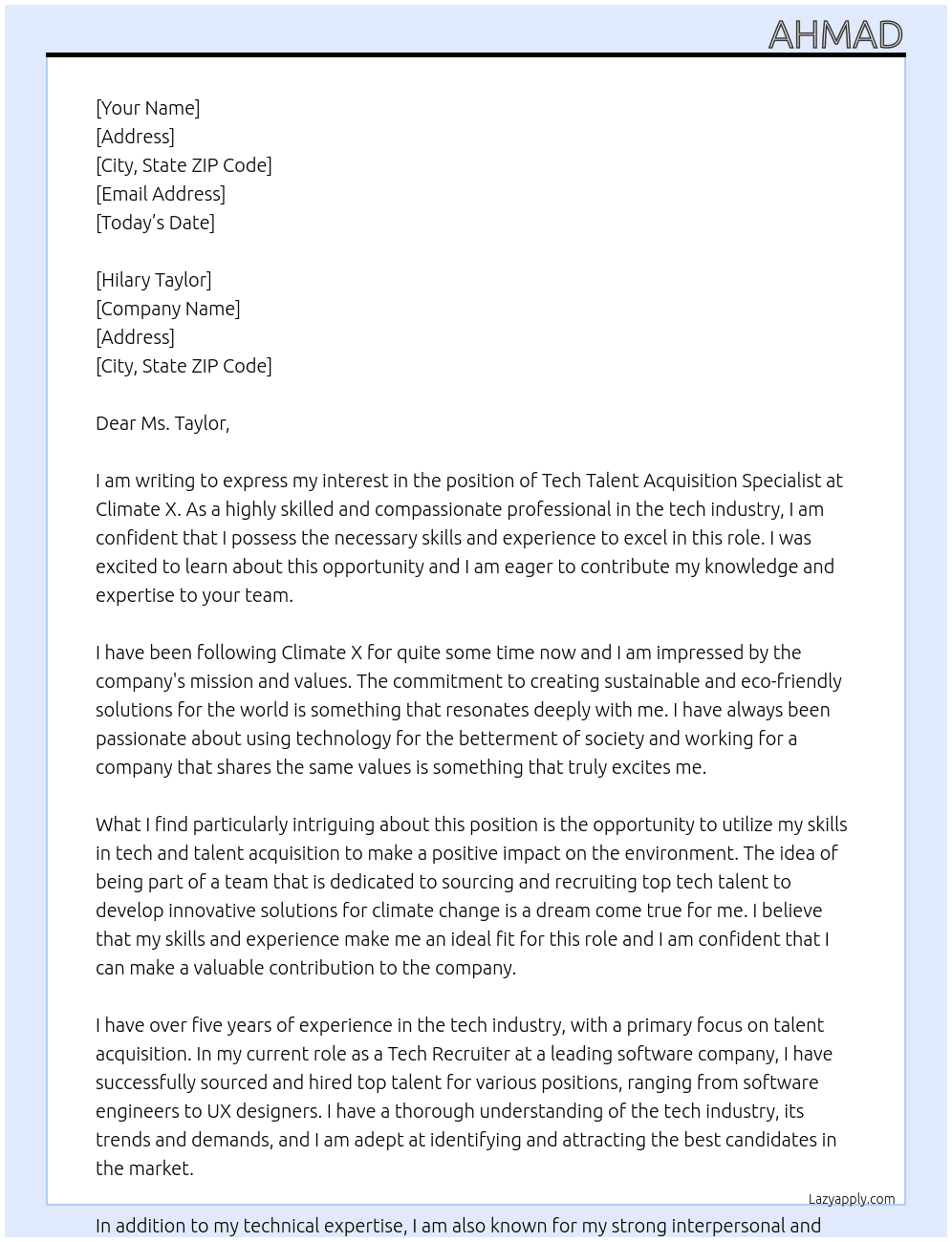 Tech Talent Acquisition Specialist At  Climate X Cover Letter