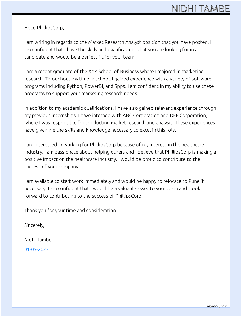 Market Research Analyst  At PhillipsCorp Cover Letter