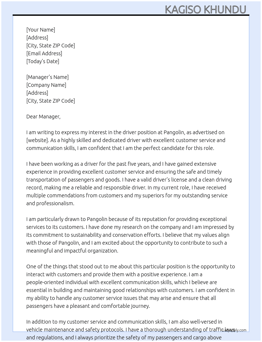 Driver At Pangolin  Cover Letter