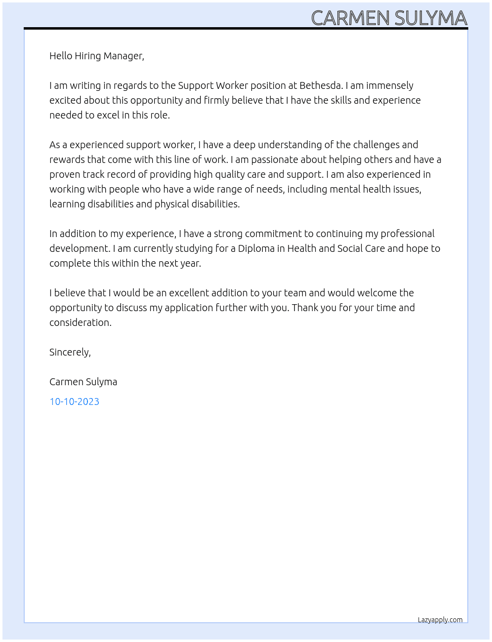 Support Worker At Bethesda Cover Letter