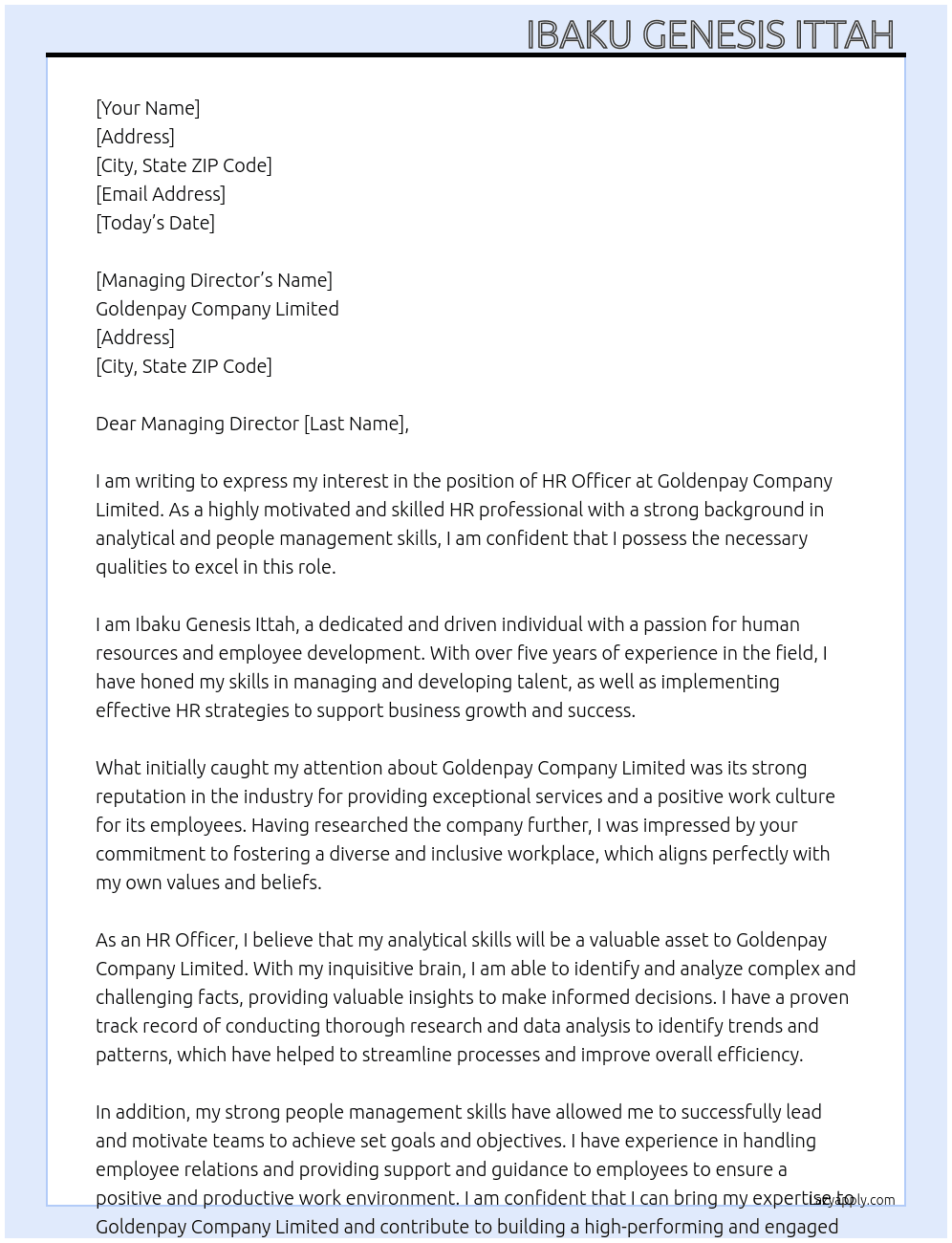 HR Officer At Goldenpay Company limited  Cover Letter
