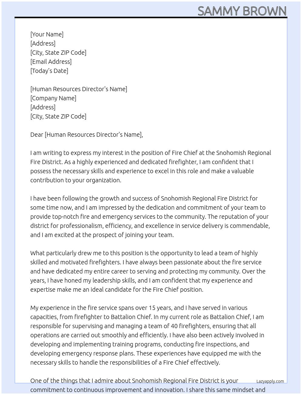 fire cheif At snohomish regional fire district Cover Letter