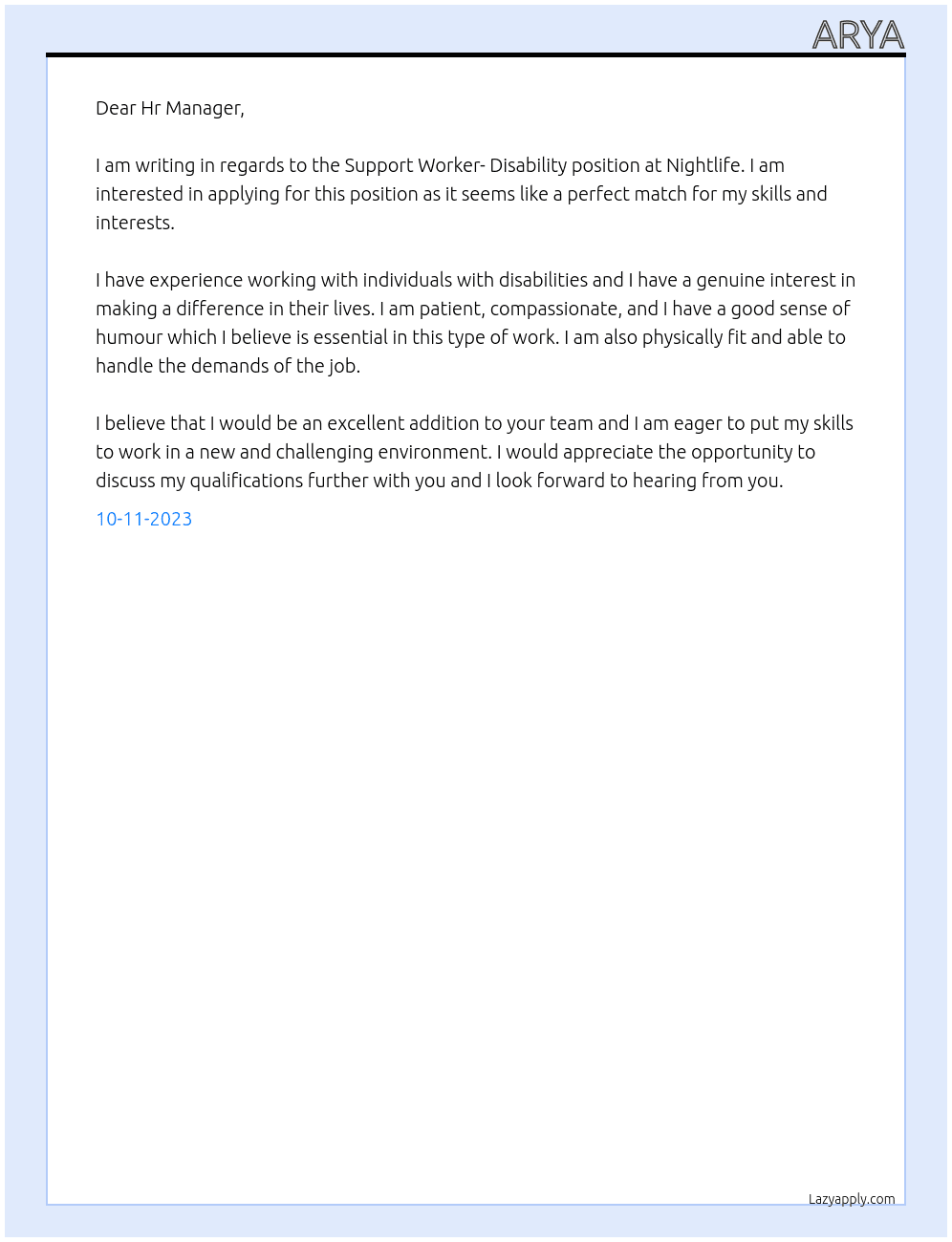 Support Worker- Disability At Nightlife Cover Letter