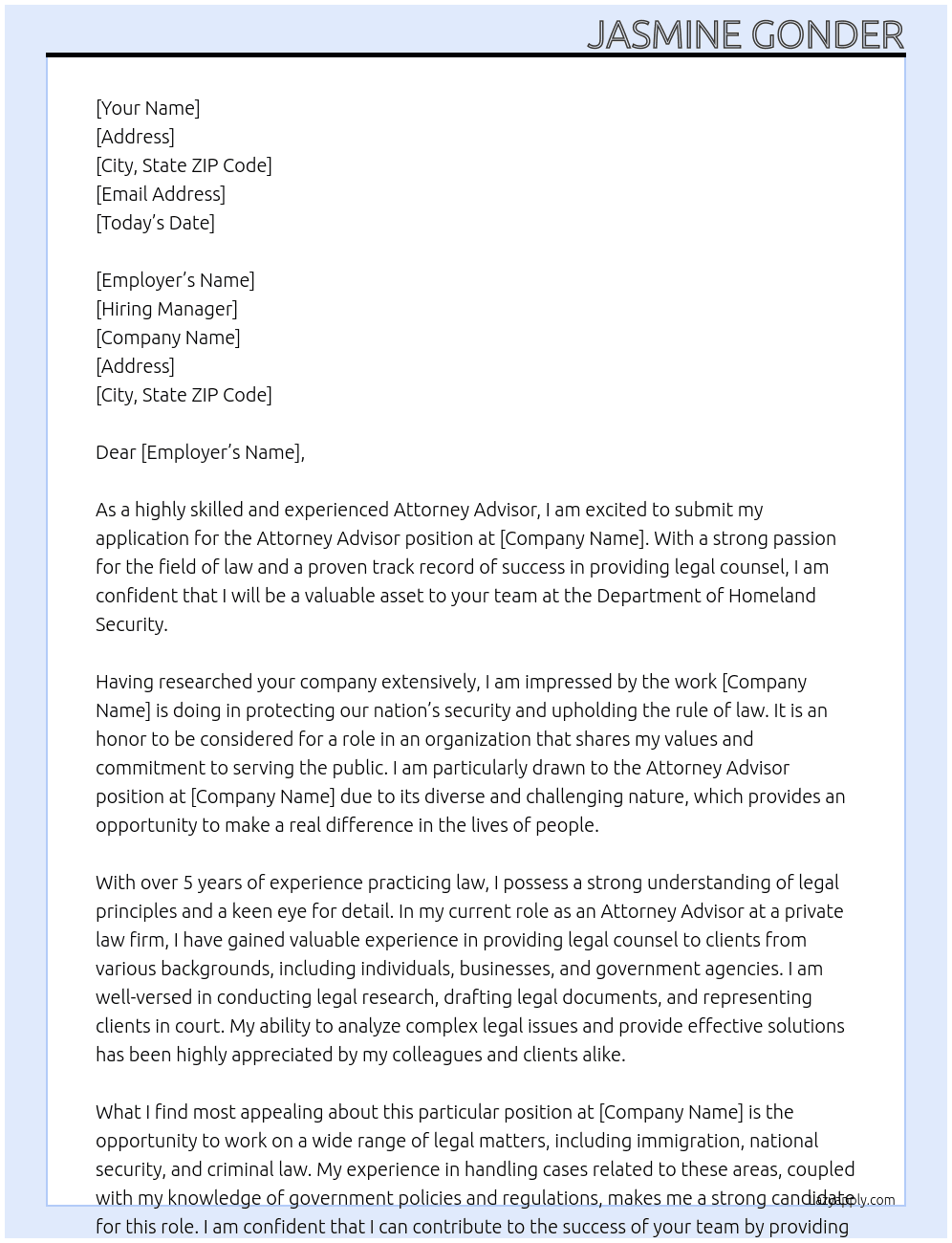 Attorney Advisor  At DHS Cover Letter