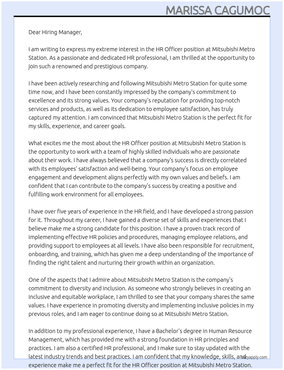 HR Officer  At Mitsubishi Metro station  Cover Letter