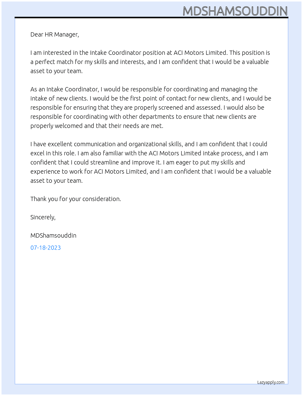 Intake Coordinator At ACI Motors Limited Cover Letter