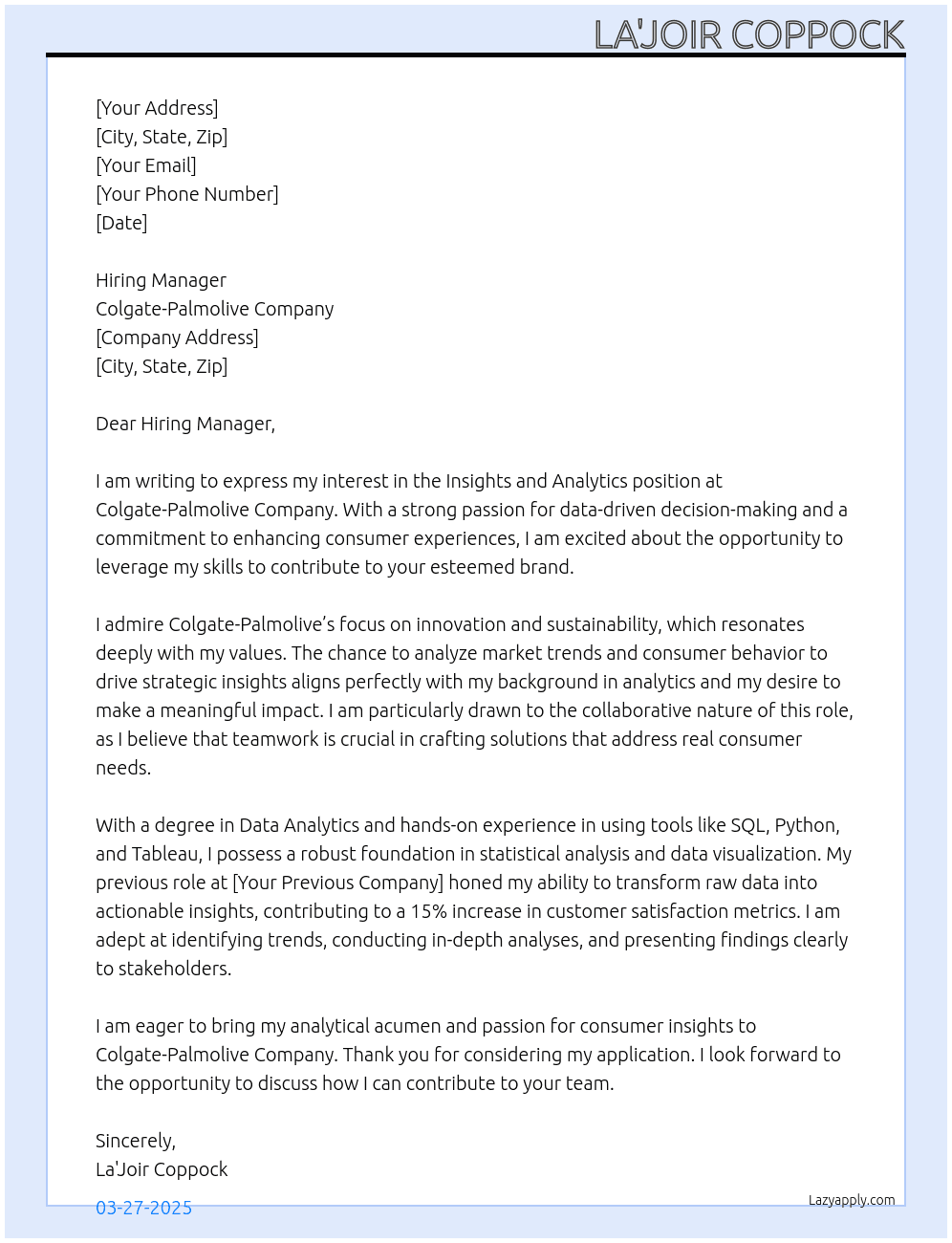 Cover letter for insights and analytics - LazyApply