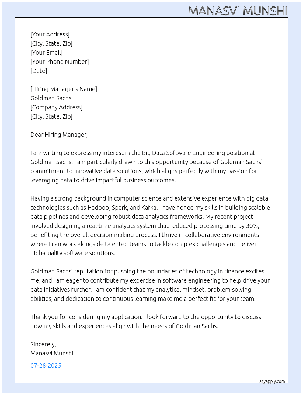 Cover letter for big data software engineering - LazyApply