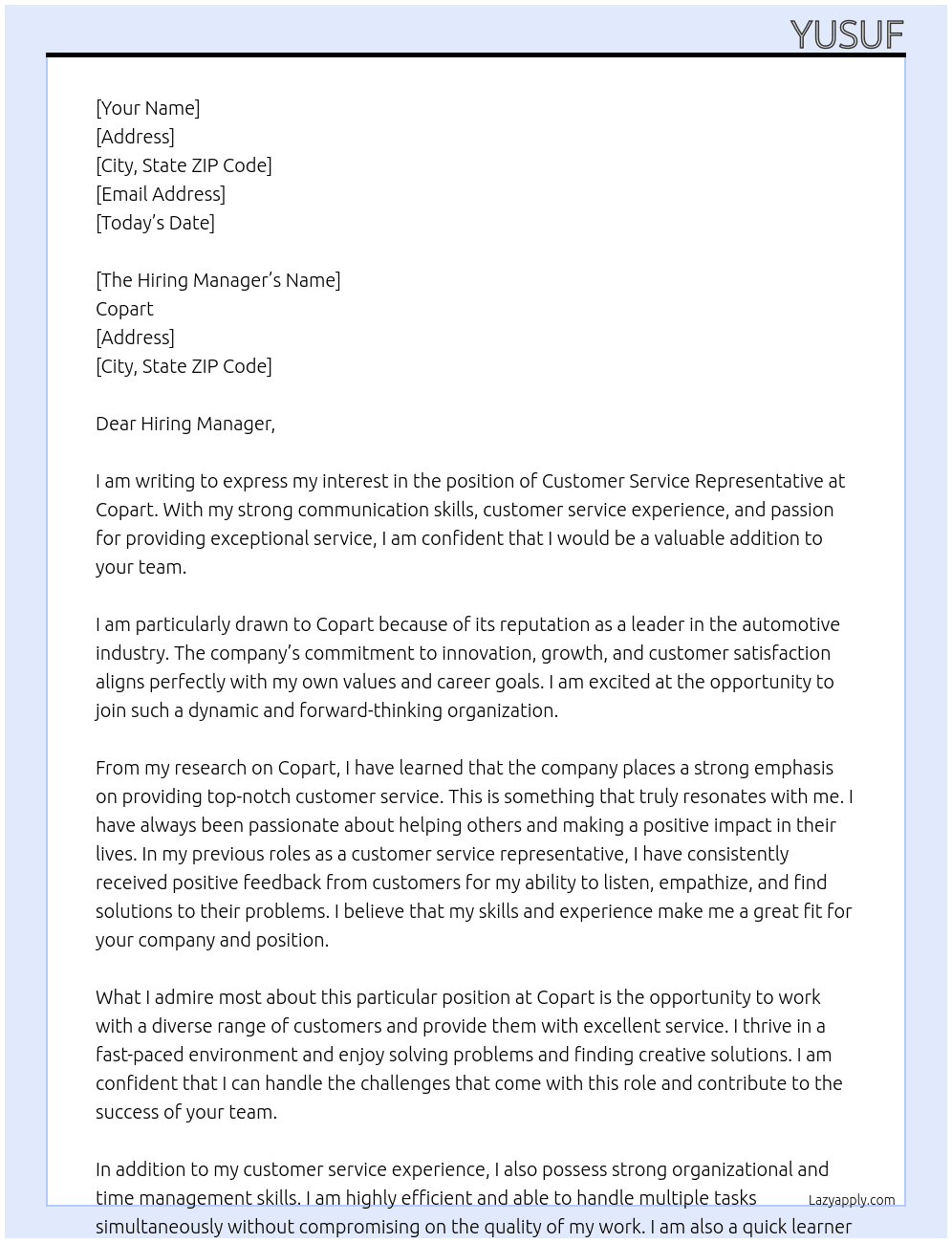 Customer Service Representative At Copart Cover Letter