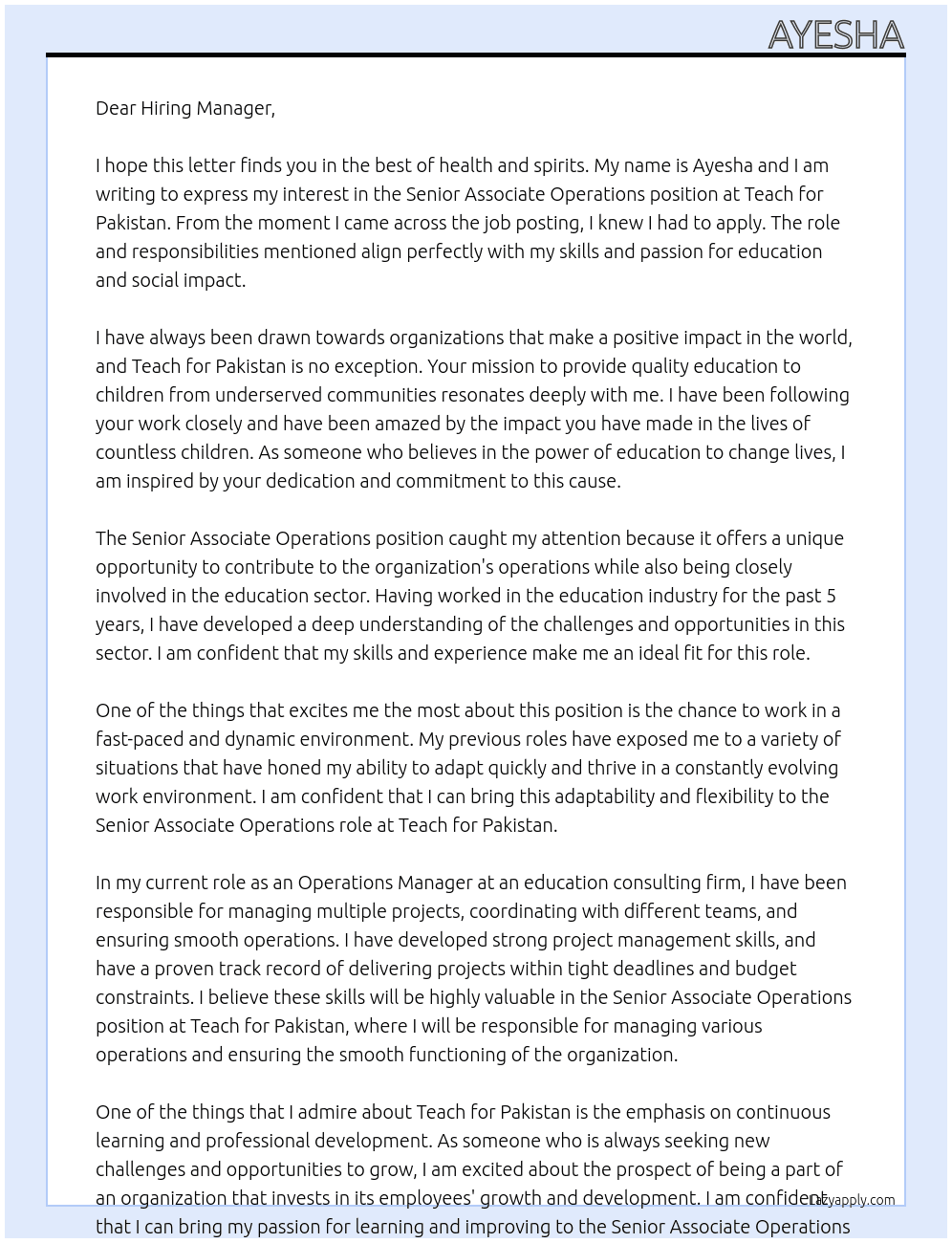 Senior Associate operations At Teach for pakistan Cover Letter