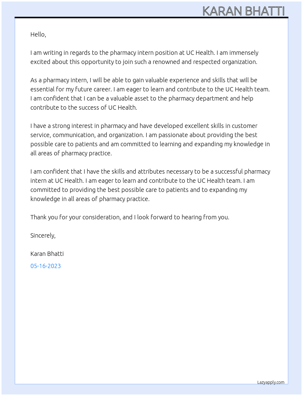Pharmacy Intern  At UC Health  Cover Letter
