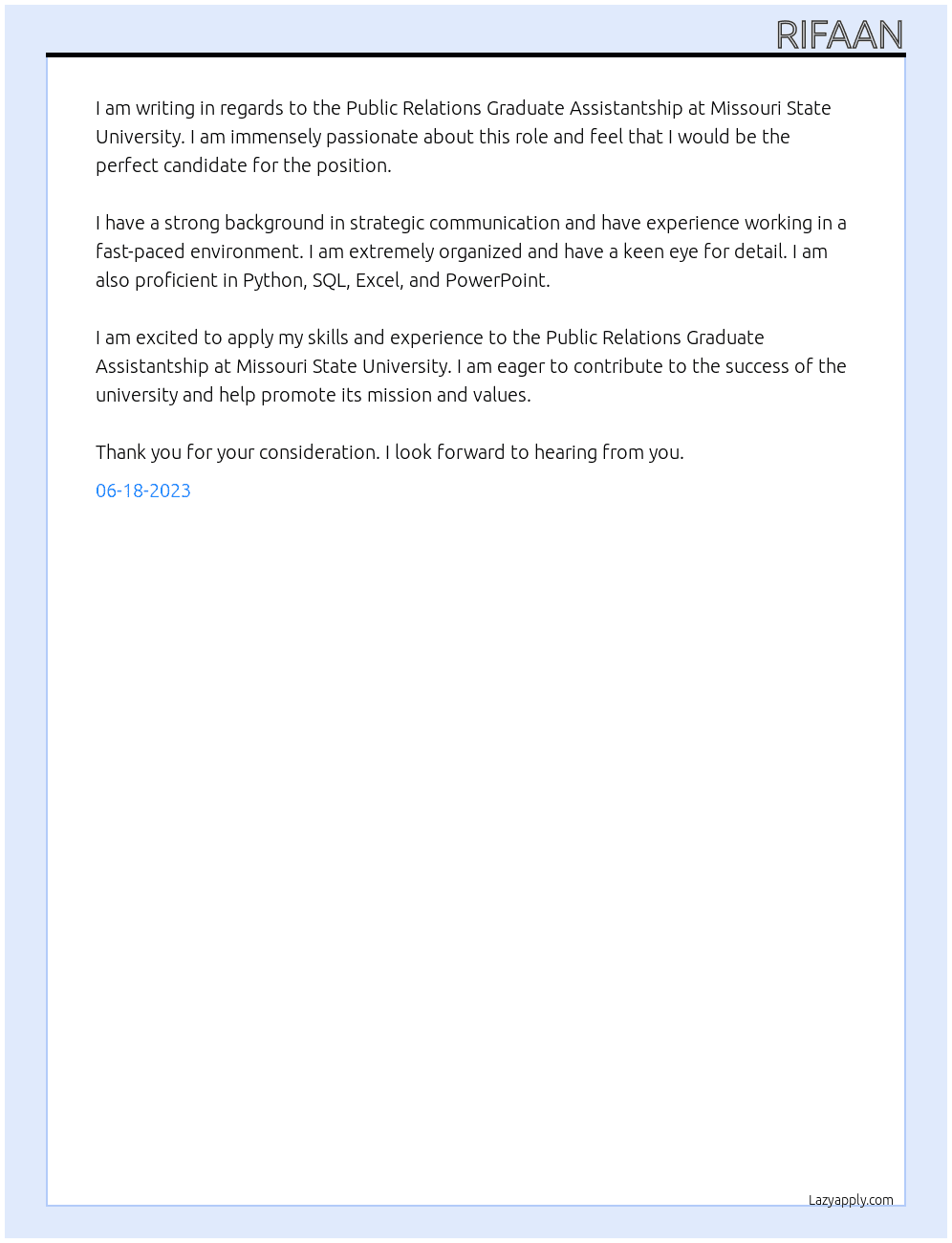 Public Relations Graduate Assistantship At Missouri state university  Cover Letter