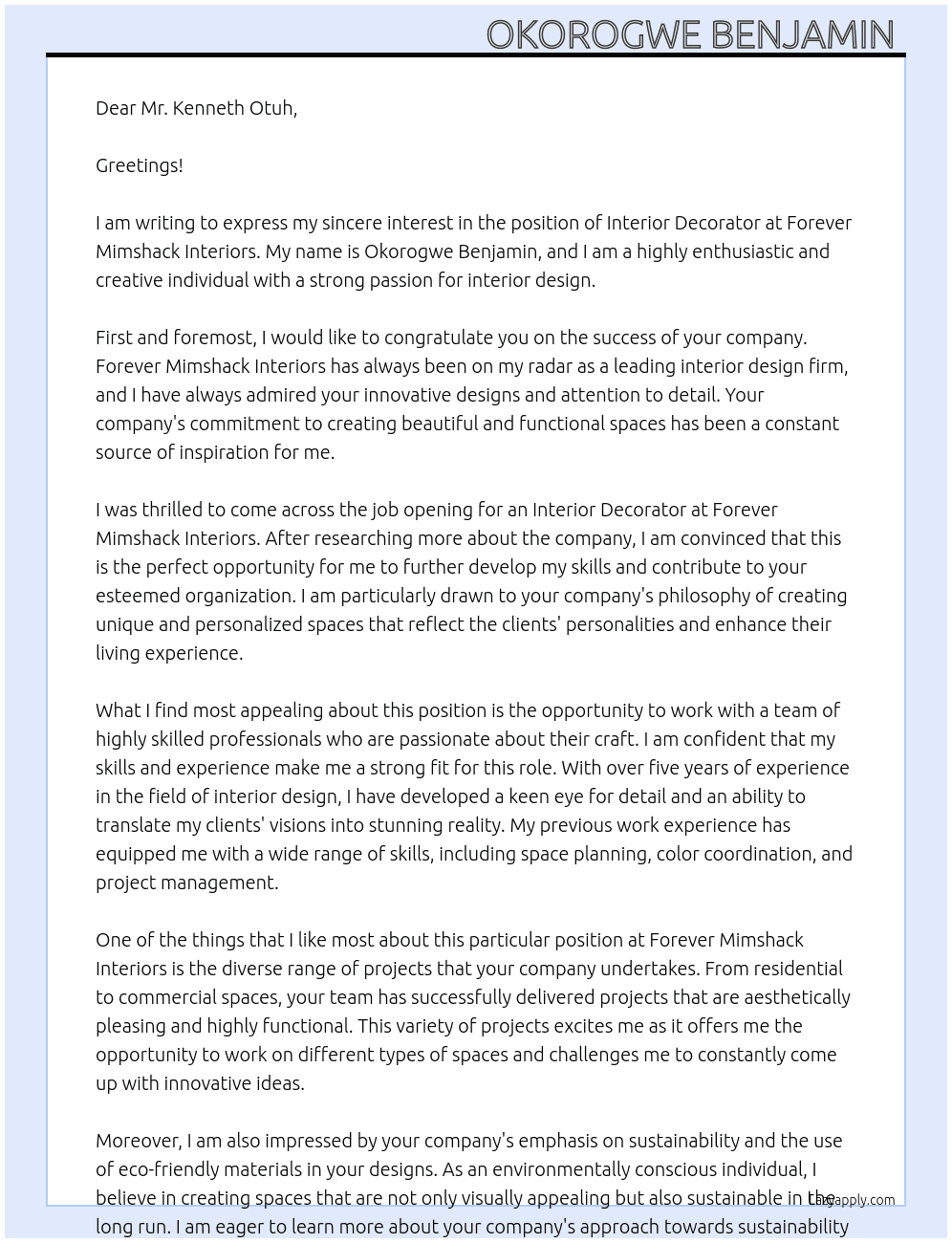 Interior decorator  At Forever mimshack interiors  Cover Letter