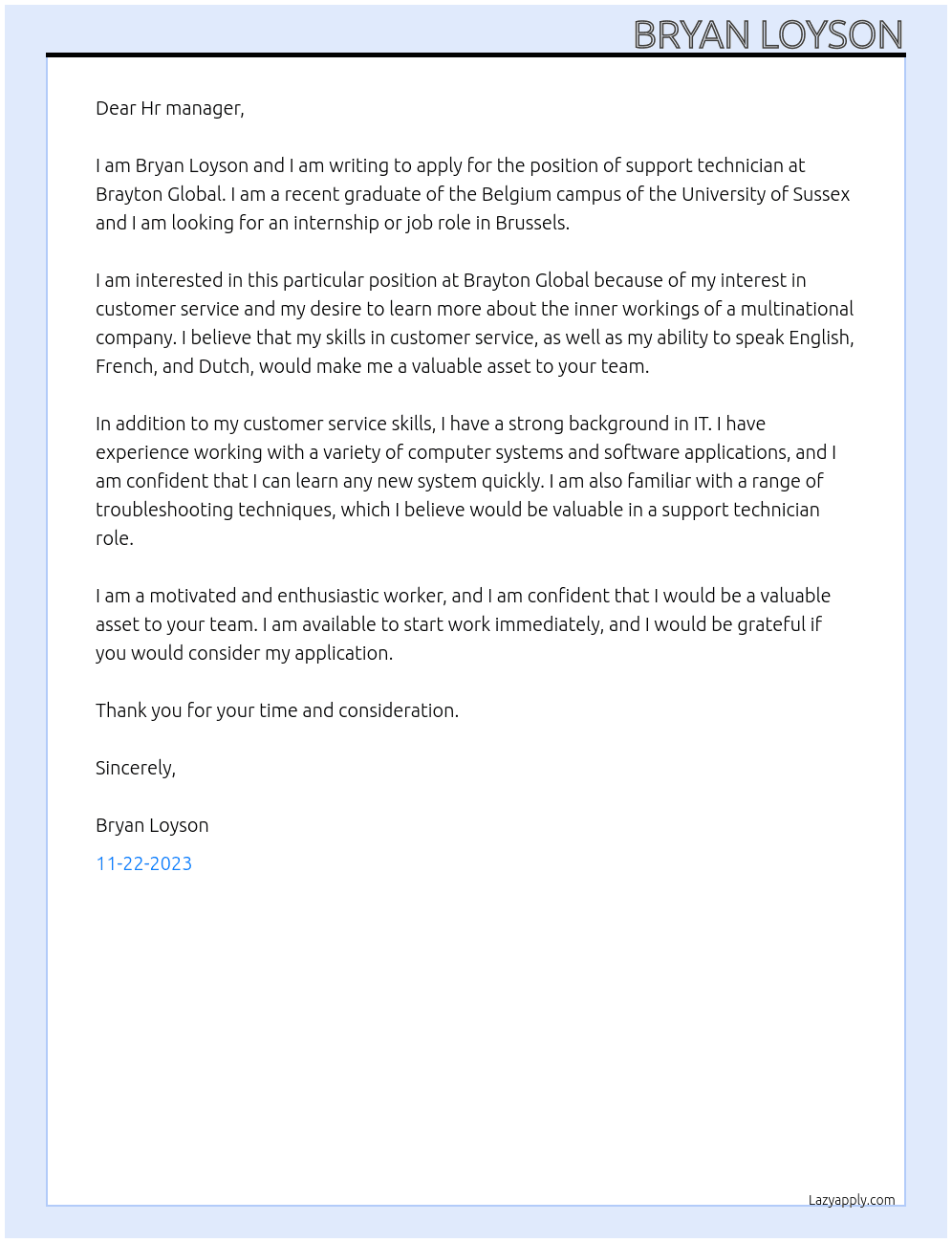 Support technician At Brayton Global Cover Letter