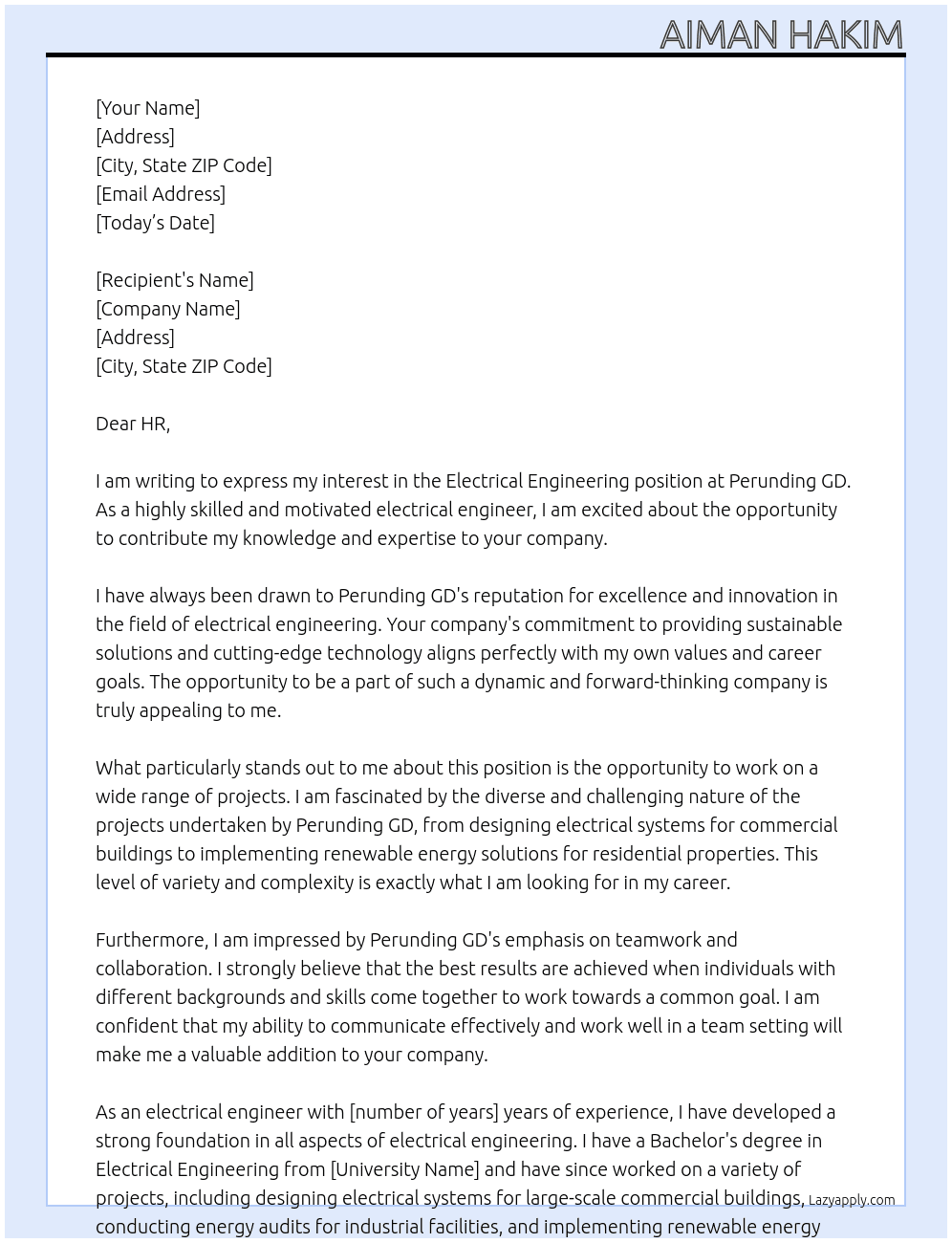 Electrical Engineering  At Perunding GD Cover Letter