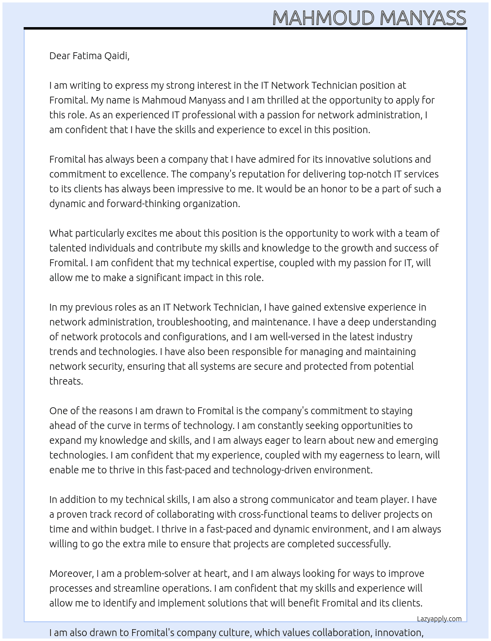 IT NETWORK TECHNICIAN At Fromital Cover Letter