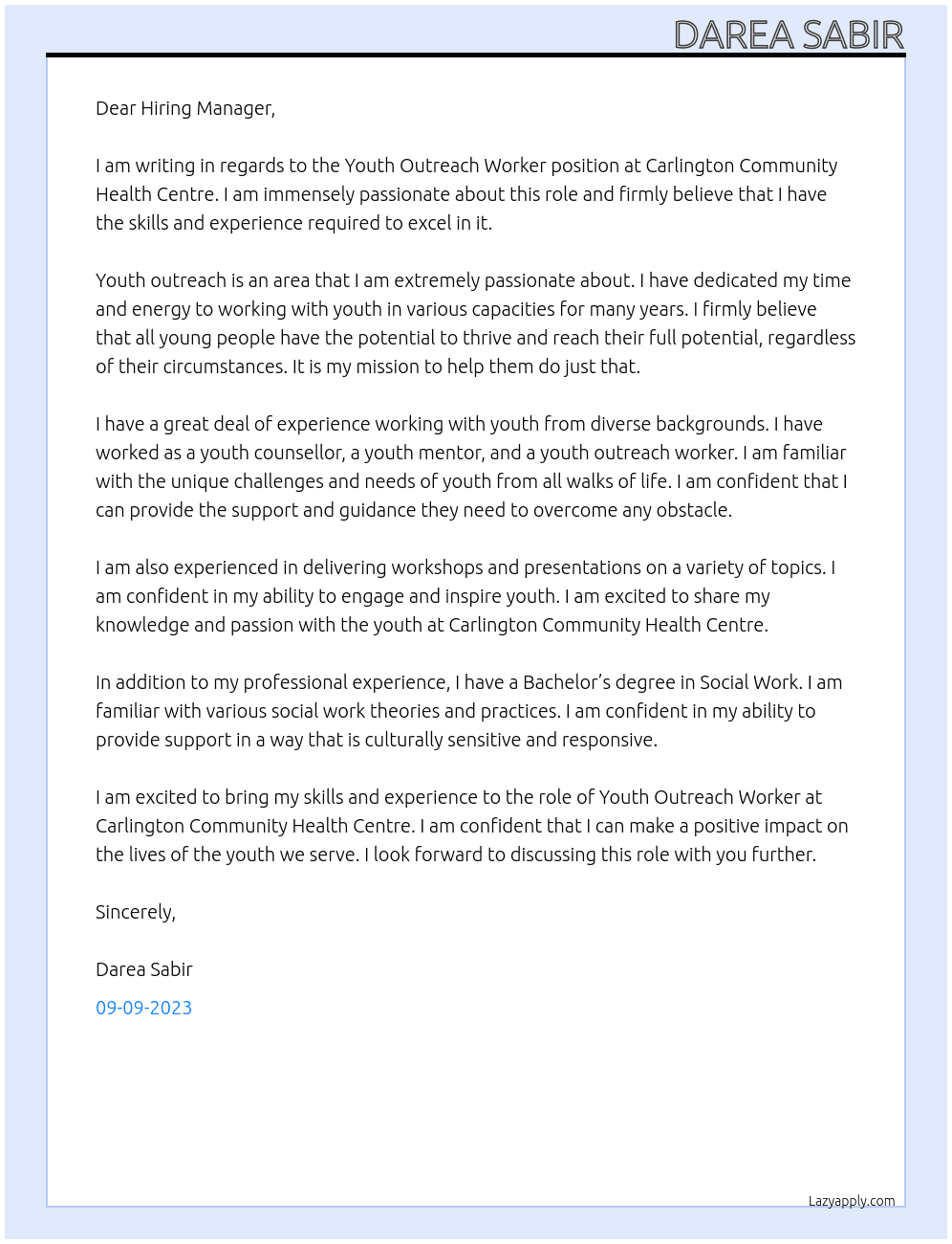 Youth Outreach Worker At Carlington Community Health Centre Cover Letter