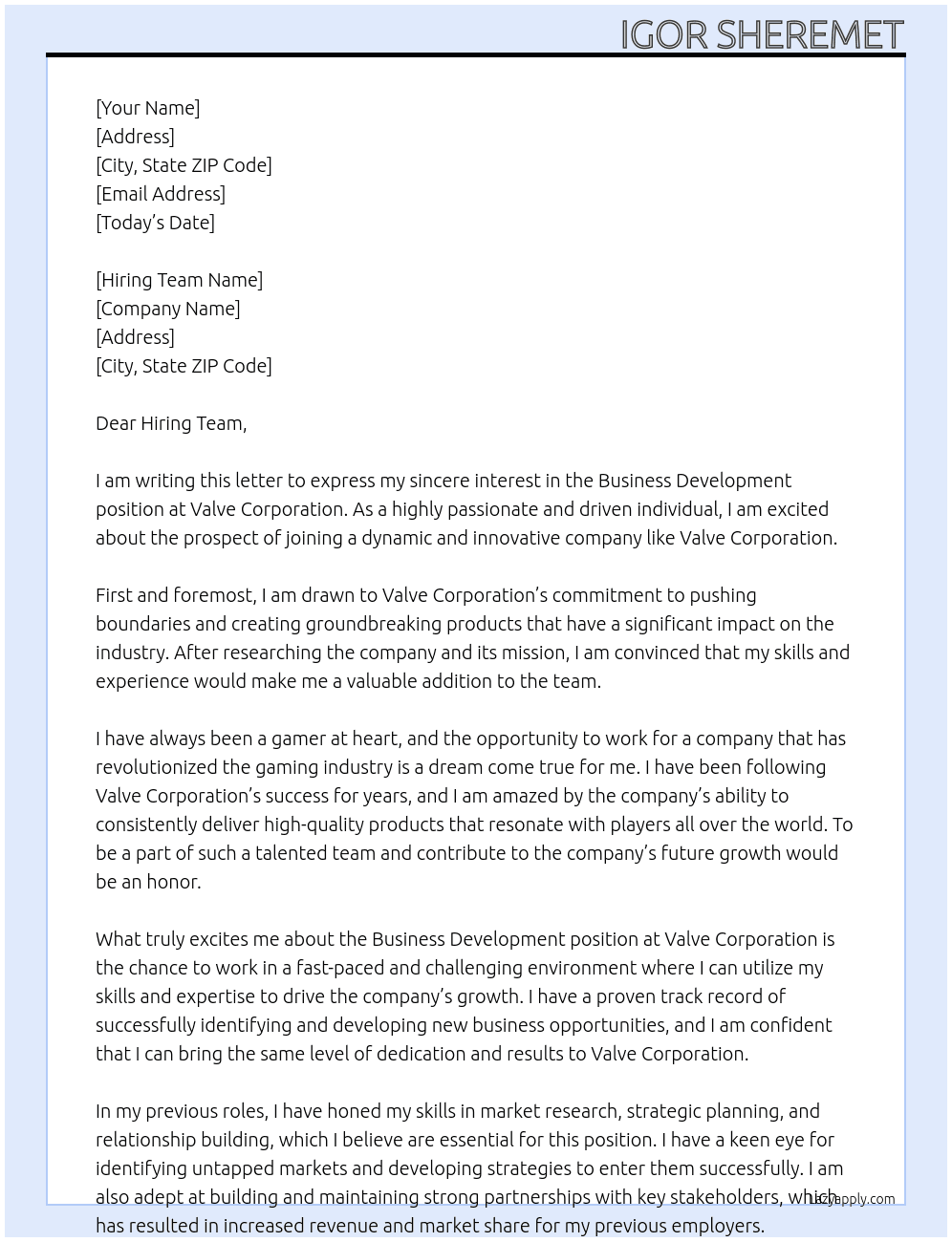 Business Development At Valve Corporation Cover Letter