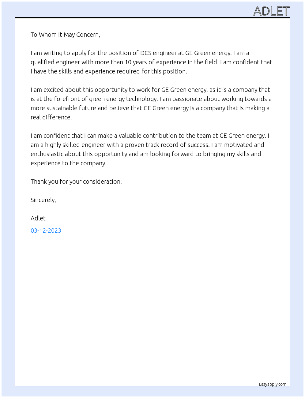 DCS engineer At GE Green energy Cover Letter