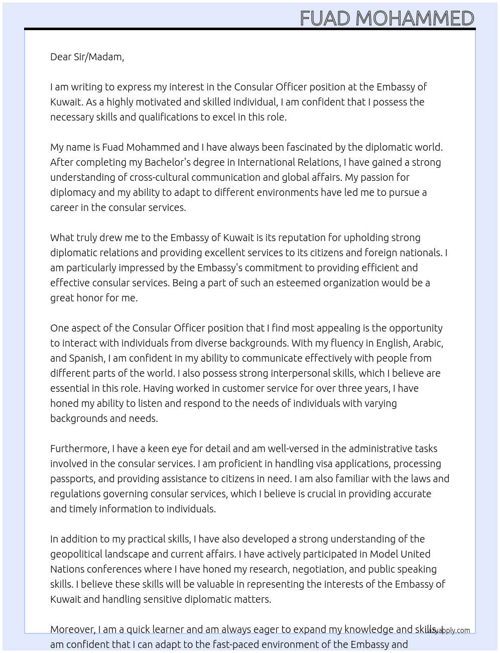 Consular Officer At Embassy of Kuwait Cover Letter