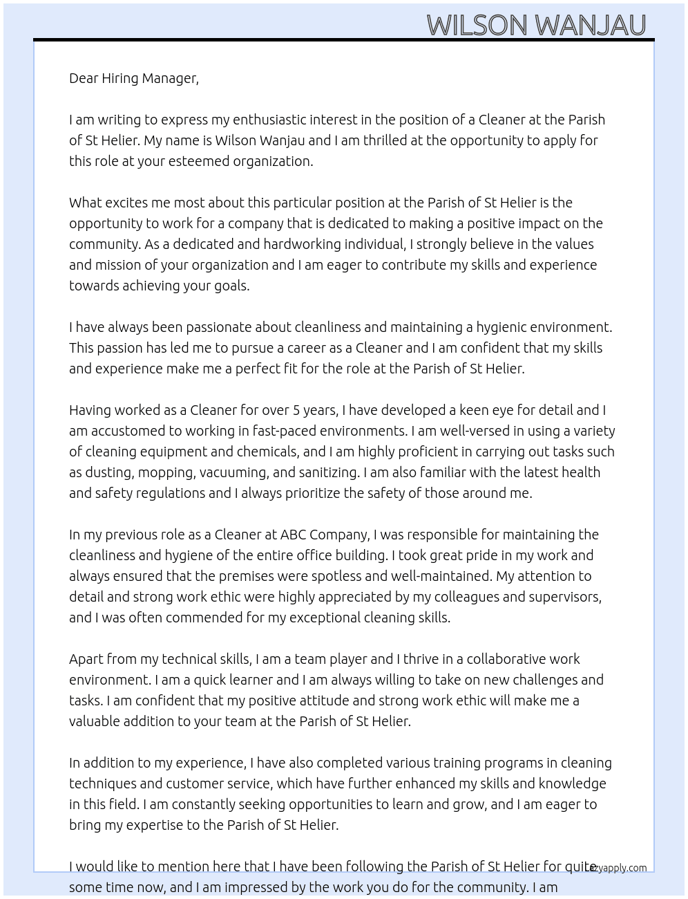 Cleaner At Parish of St Helier Cover Letter