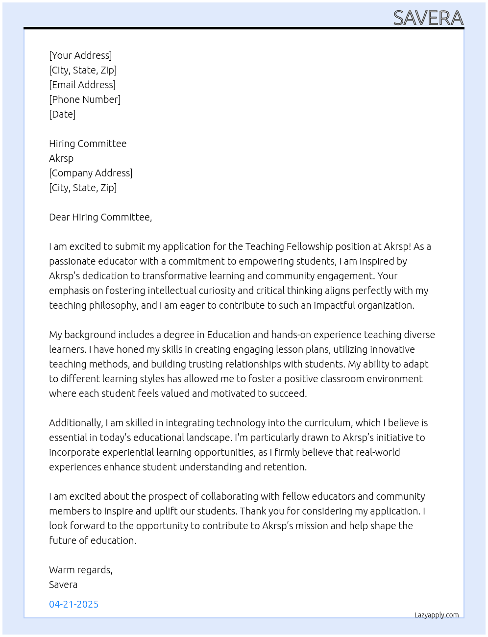 Teaching fellowship  At Akrsp Cover Letter