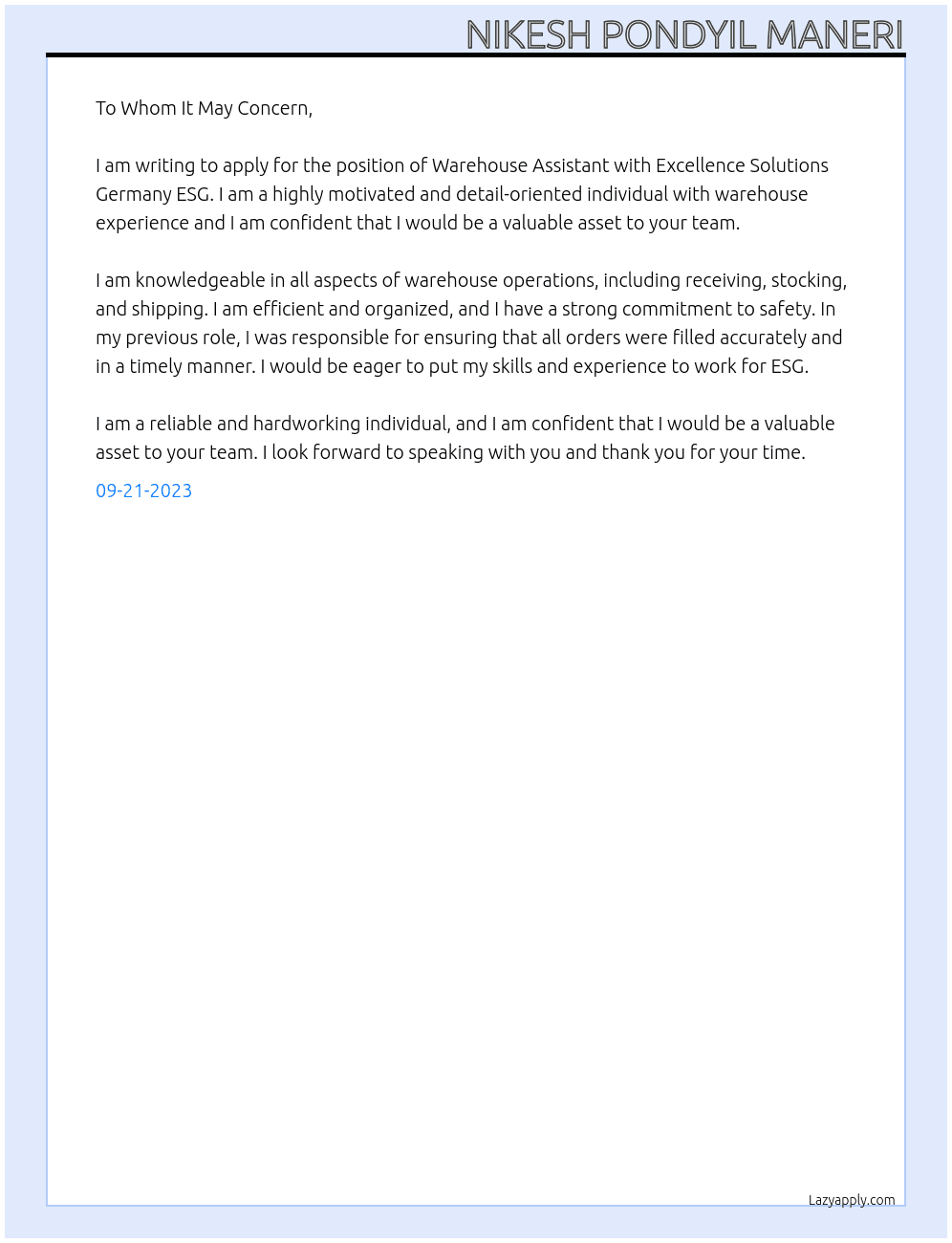 Warehouse Assistant  At Excellence solutions Germany ESG Cover Letter