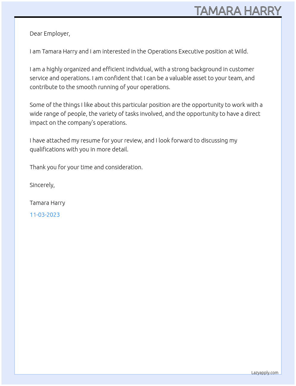 Operations Executive  At Wild Cover Letter