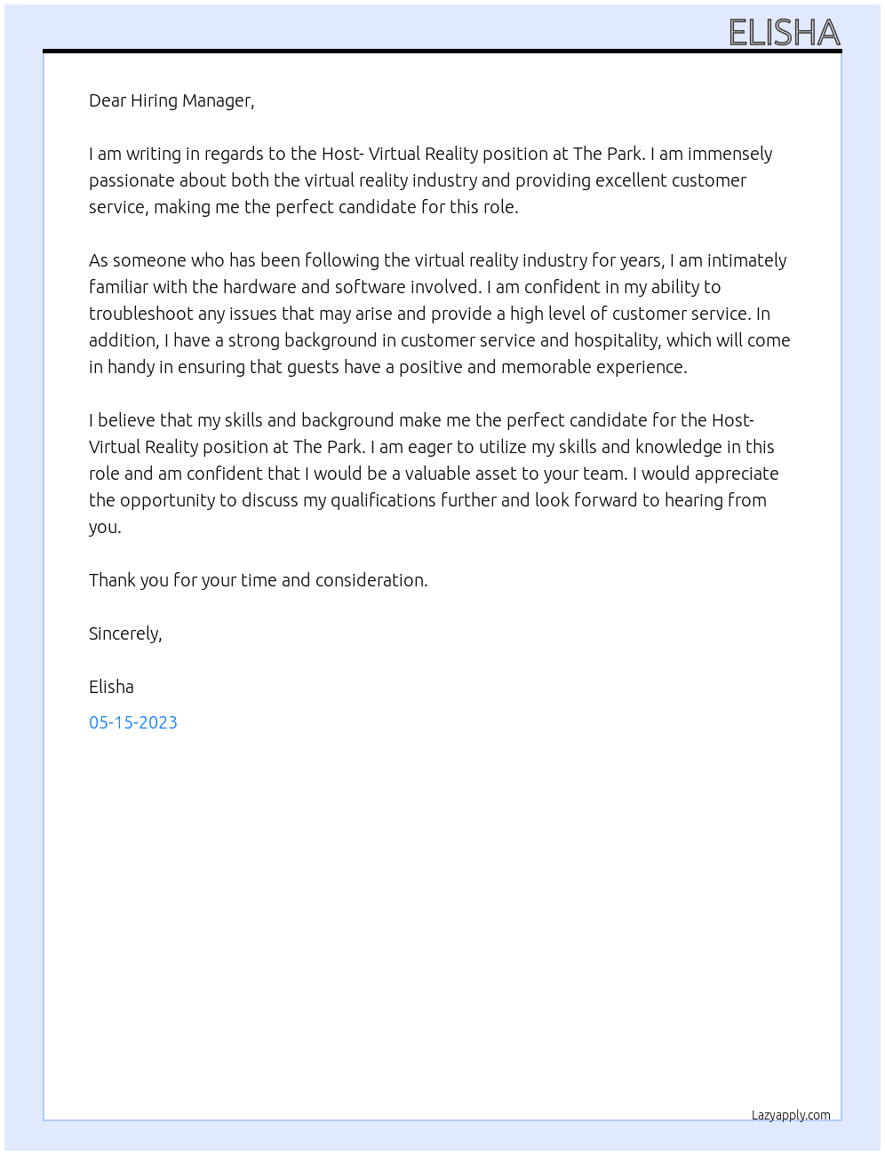 Host- Virtual Reality  At The Park  Cover Letter