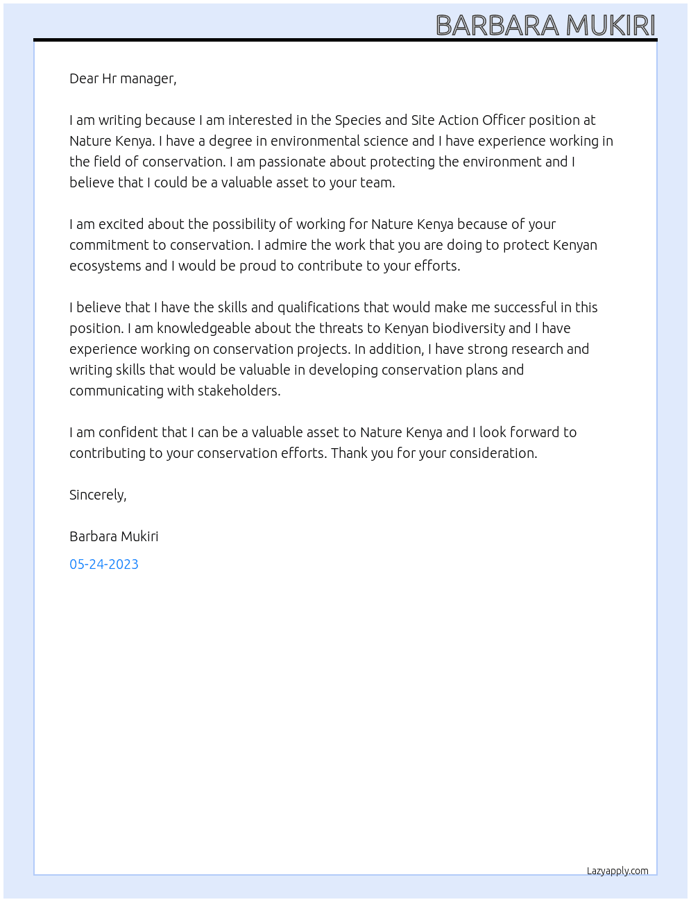 Species and Site Action Officer at Nature Kenya At Nature Kenya Cover Letter