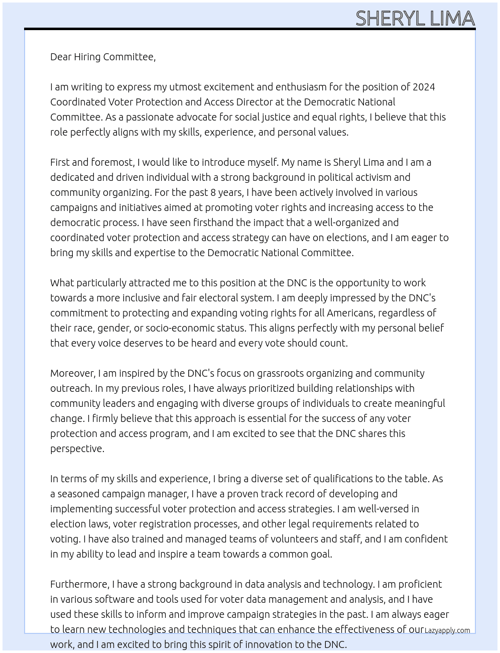 2024 Coordinated Voter Protection and Access Director  At Democratic National Committee Cover Letter