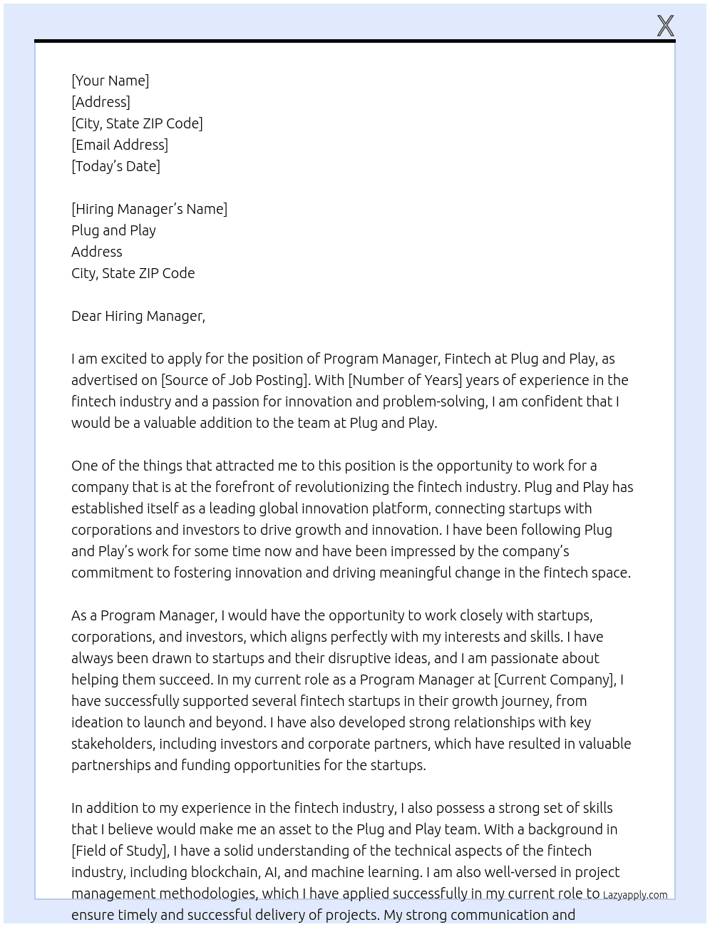 Program Manager, Fintech At Plug and Play Cover Letter